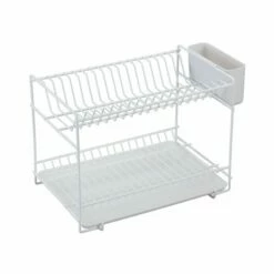 Escurreplatos Cocina Sobremesa Doble Con Bandeja 18 Platos Plastico Blanco Sauvic 89000