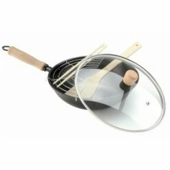 Sarten Cocina Wok Tapa Cristal Pinzas Madera 28cm Acero Oroley